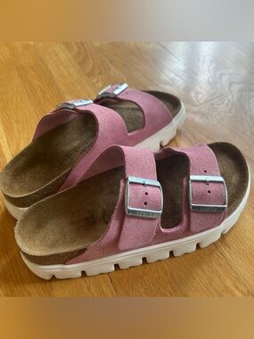 Birkenstock Papillio Double Buckle Slides in Candy Pink Suede